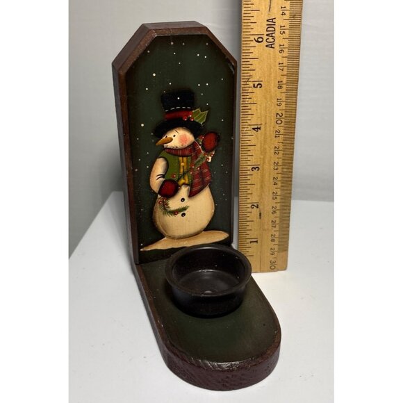 Crazy Mountain Snowman Candle Holder Shelf Wood Folk Art Christmas Country - Picture 3 of 6